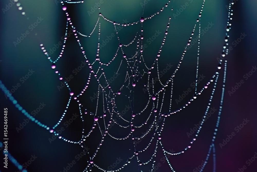 Fototapeta premium A spiderweb glistening with water droplets, set against a blurred background, showcasing nature's fragile beauty.
