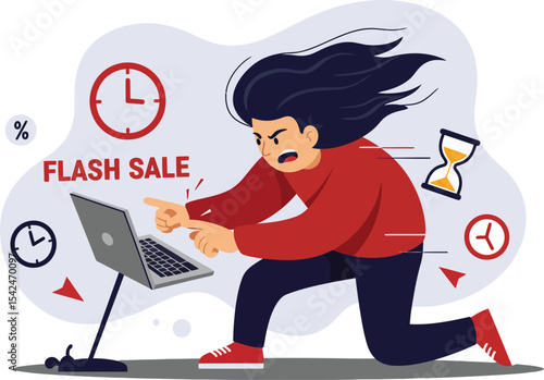 Woman in red sweater rushing to complete online flash sale order using laptop with clocks around 