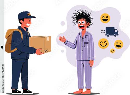 Delivery person handing package to tired man in pajamas with emotional icons representing stress and fatigue 