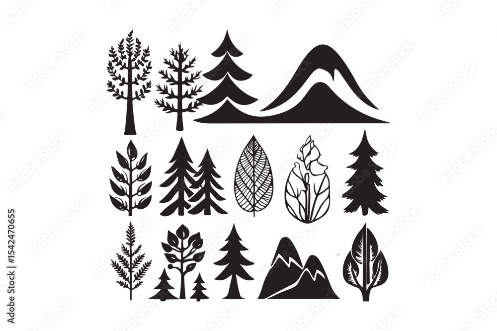 Obraz premium Tree and Leaf Silhouette Vector Set with Mountain Elements for Nature Design