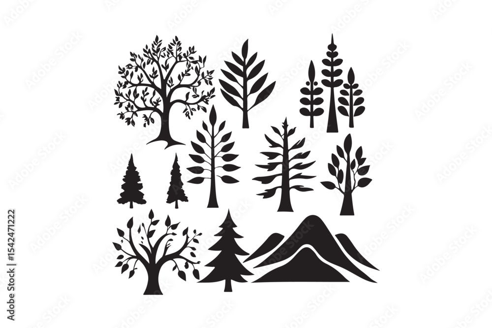 Obraz premium Tree and Mountain Silhouette Vector Collection with Nature Elements