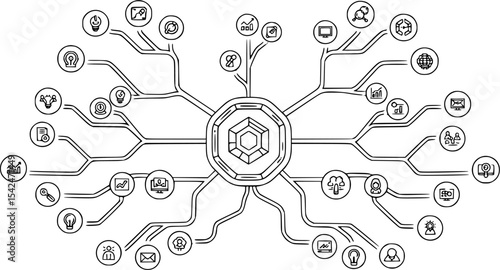 Futuristic network illustration displays interconnected nodes branching from a central hub, representing data and information.