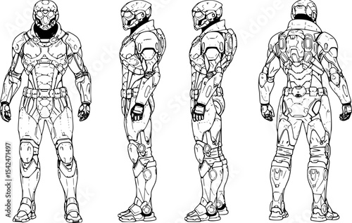 Blueprint design showcases a futuristic armored suit with detailed line work and multiple perspectives for technical visualization.