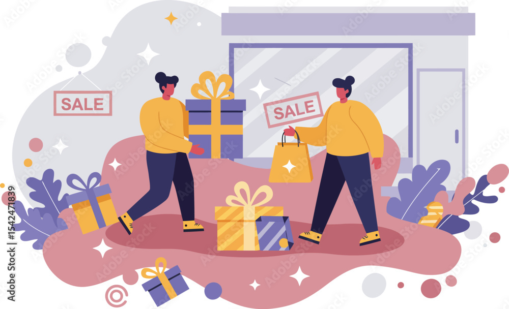 Two men shopping with gift boxes outside store during sale season in purple and yellow colors Two men shopping with gift boxes outside store during sale season in purple and yellow colors