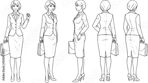 Businesswoman in Pencil Sketch, featuring views from front, side and back holding a briefcase.