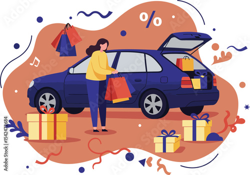 Woman shopping bags placing gifts in hatchback car trunk with festive celebration background 