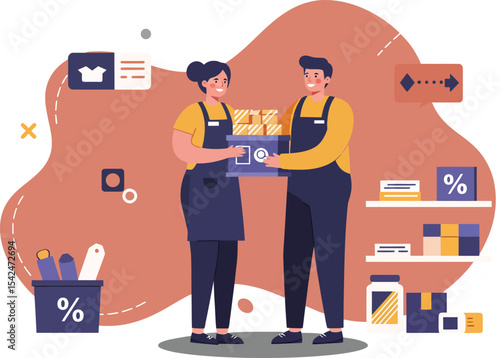 Two bakery workers exchanging freshly baked bread in aprons with pastries and discount signs in background 