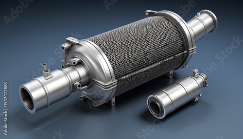 3D Render of Automotive Diesel Filter and Catalyst System