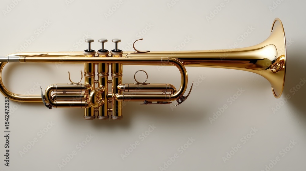 Obraz premium A gleaming trumpet rests against a neutral background, embodying musical elegance and the artistry involved in creating beautiful sounds through brass instruments.