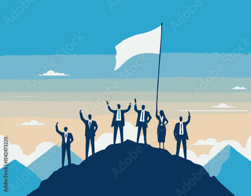 Vector flat illustration with business people standing on mountain peak top holding flag on blue clouded sky background. Victory, achievement, reaching aim, partnership, motivation, leader
