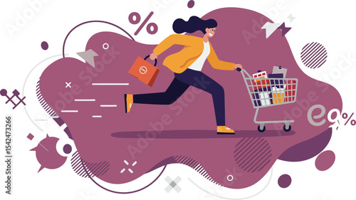 Woman running with shopping cart full of groceries in dynamic motion with percentage discounts symbols
