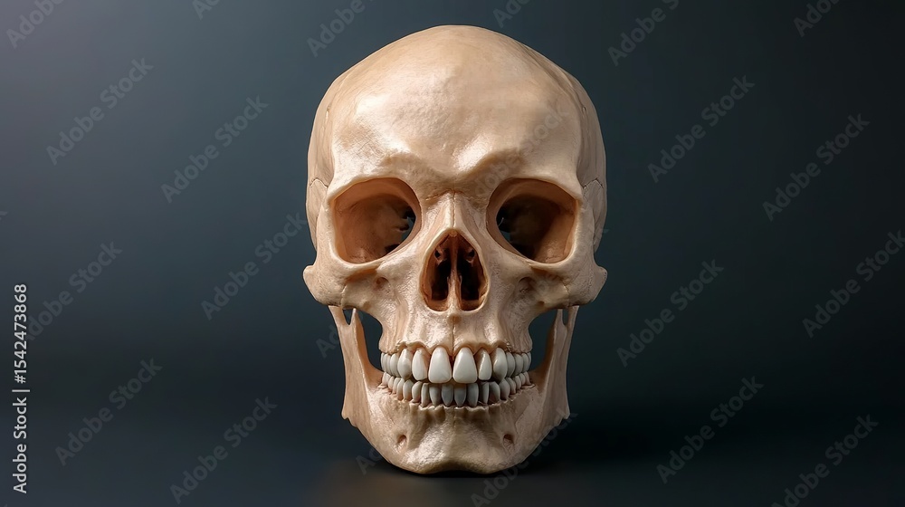Fototapeta premium Anatomical skull model with teeth displayed on a dark gray background in a studio setting showing detail