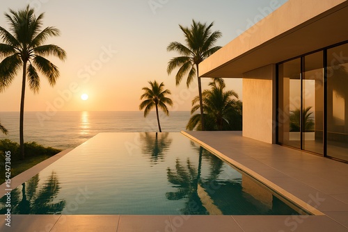 Fototapeta Naklejka Na Ścianę i Meble -  Modern infinity pool overlooking the ocean, minimalistic design, luxury seaside villa, palm trees around, sunset light