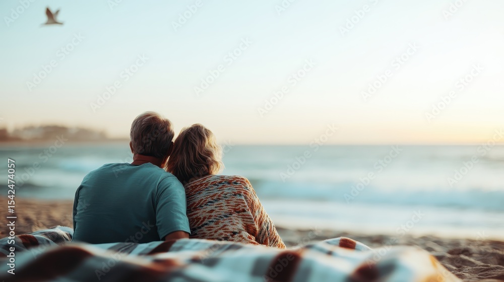 Fototapeta premium A loving couple sits closely together on a beach, wrapped in a cozy blanket, enjoying the serene sunset view over the calm waters, symbolizing love and companionship.