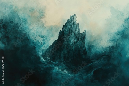 A dramatic, abstract watercolor painting of a towering mountain peak emerging amidst a stormy sea and cloudy sky.