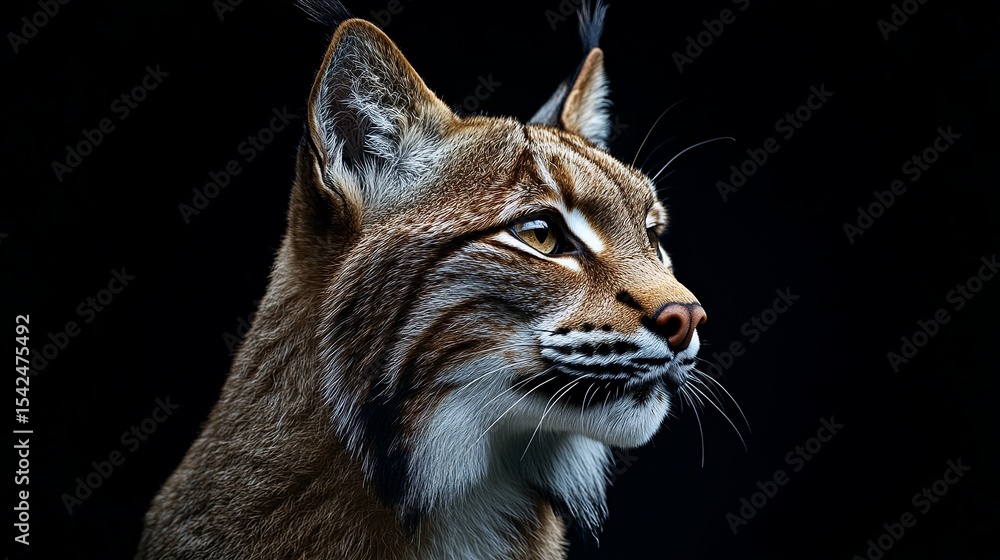 Obraz premium Close up profile of a lynx with brown fur and yellow eyes against a dark black background looking right