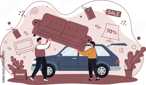 Two People Loading Sofa Into Car Trunk During Furniture Sale Shopping Scene with Discount Tags and Plants 