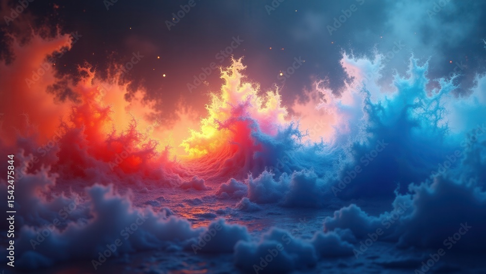Naklejka premium Abstract fiery and icy waves in vibrant red, orange, and blue tones creating a dramatic and surreal atmosphere