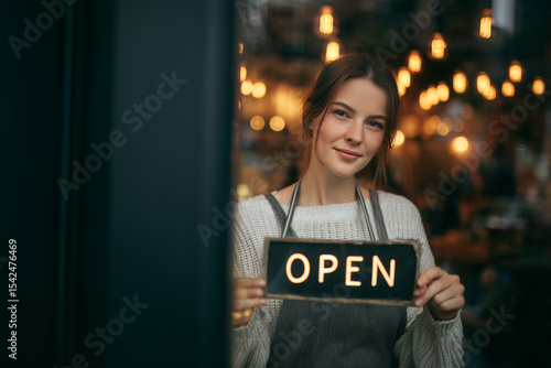 Wallpaper Mural Woman holding open sign in store window Torontodigital.ca