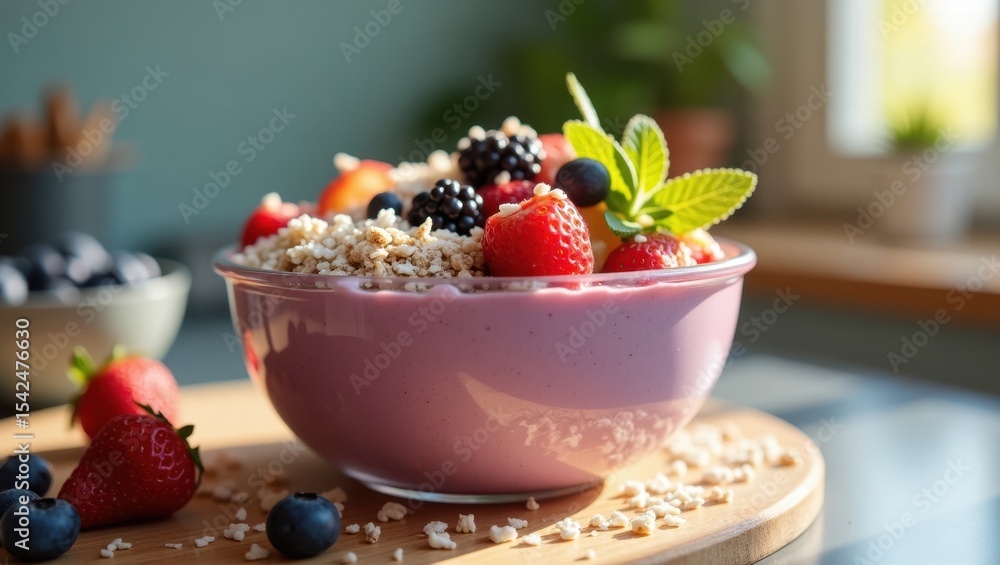 Bowl of pink smoothie topped with fresh berries, granola, and mint leaves on a wooden board in natural light Bowl of pink smoothie topped with fresh berries, granola, and mint leaves on a wooden board in natural light