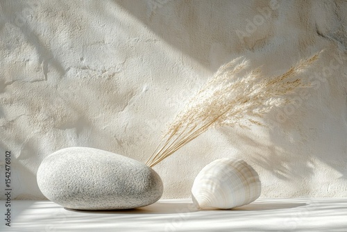 A serene still life of a smooth stone, shell, and dried grasses against a textured, sunlit wall.