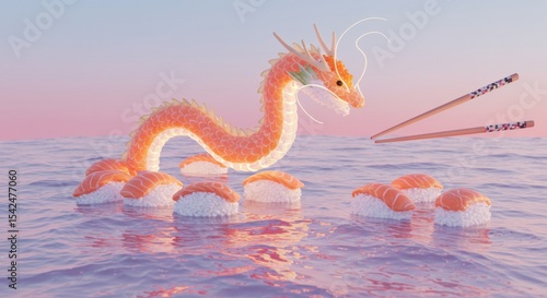 Vaporwave Sushi Dragon Floating on Rice Ocean