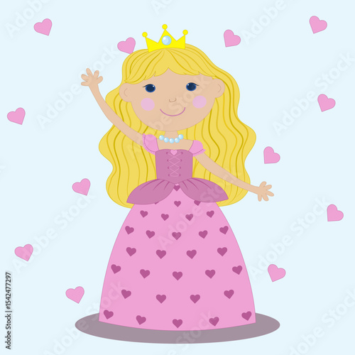 Girl princess in a pink fluffy dress with hearts, on a white background, in a necklace, with a crown, smiling, standing and waving her hand