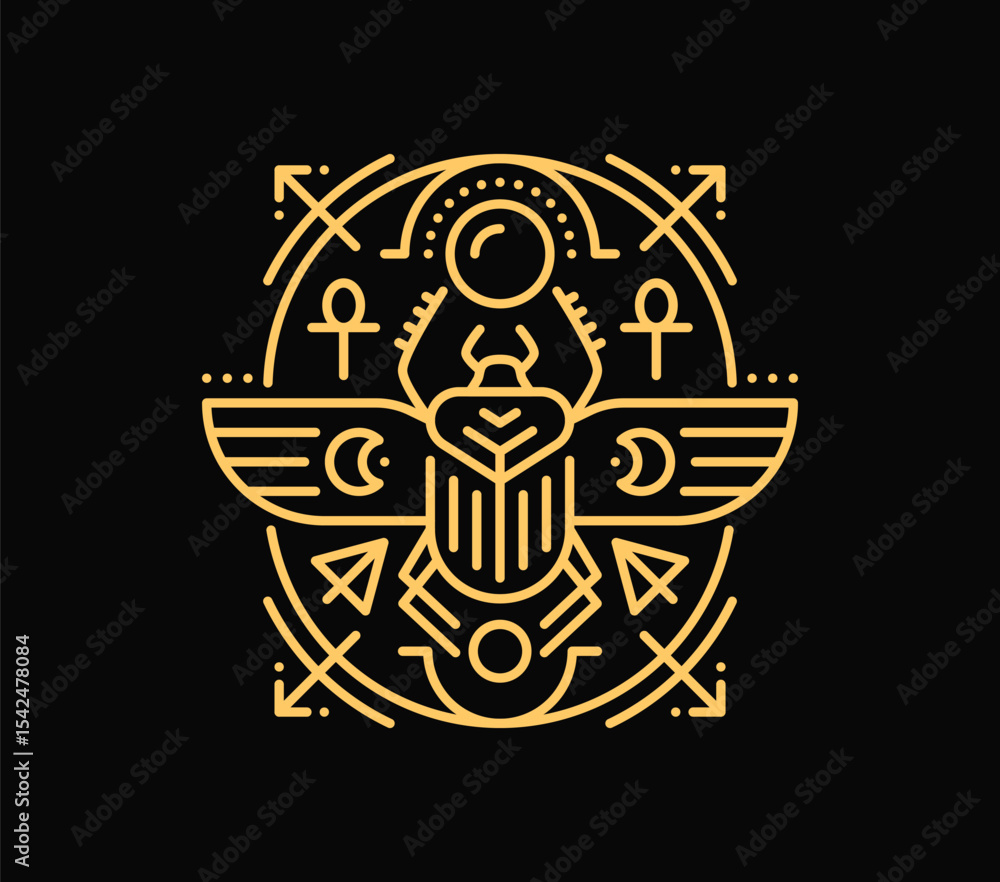 Obraz premium Esoteric Tarot cards line symbol for magic astrology and Boho tattoo, vector mystic sign. Tarot cards esoteric symbols of Egyptian scarab with Ankh key cross sign for occultism and mystery witchcraft