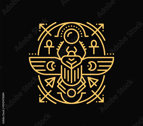 Esoteric Tarot cards line symbol for magic astrology and Boho tattoo, vector mystic sign. Tarot cards esoteric symbols of Egyptian scarab with Ankh key cross sign for occultism and mystery witchcraft