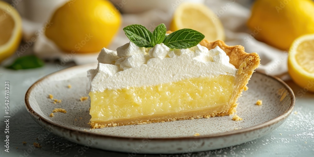 Lemon pie with baking and filling idea. Delicious lemon pie slice with whipped cream and mint garnish. Lemon pie with baking and filling idea. Delicious lemon pie slice with whipped cream and mint garnish.