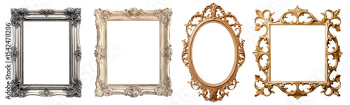 Set of vintage ornate picture frames in gold, silver, and ivory colors with intricate baroque and rococo design elements, isolated on white background for decorative use.