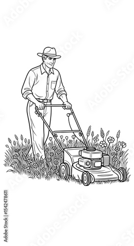elderly man mowing the lawn with a lawn mower, focused mood, gardening activity