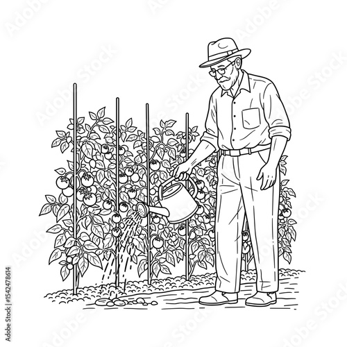 elderly man watering tomato plants in a garden, focused mood, gardening activity