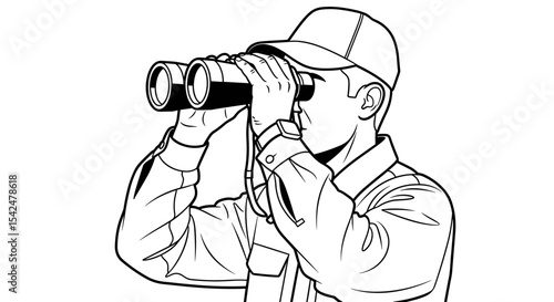 man using binoculars for bird watching in nature, focused mood, wildlife observation