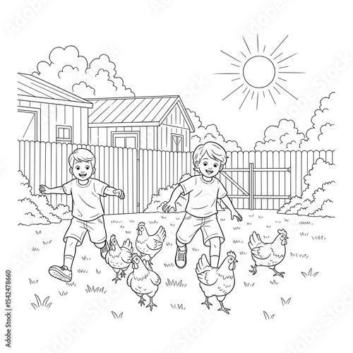 Children playing in the backyard with chickens, embodying joy and innocence