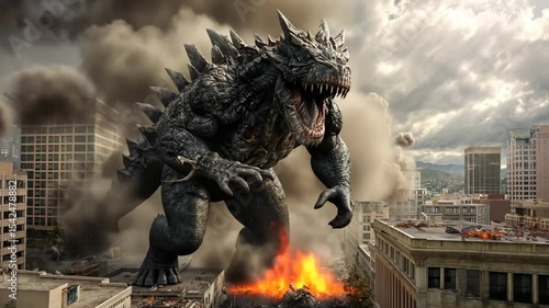 Giant monster creature destroying city buildings