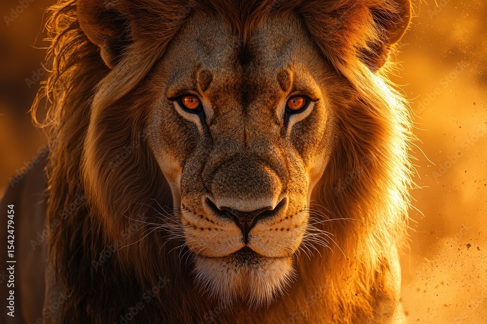Naklejka premium A close-up portrait of a majestic male lion with a golden mane, gazing intensely into the camera with piercing amber eyes. Dust swirls around him in the golden light of sunset