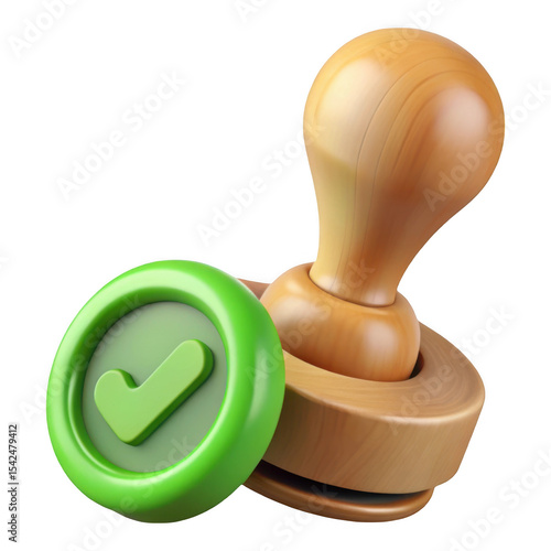Fototapeta Naklejka Na Ścianę i Meble -  3d rendered wooden rubber stamp with green checkmark isolated on transparent background