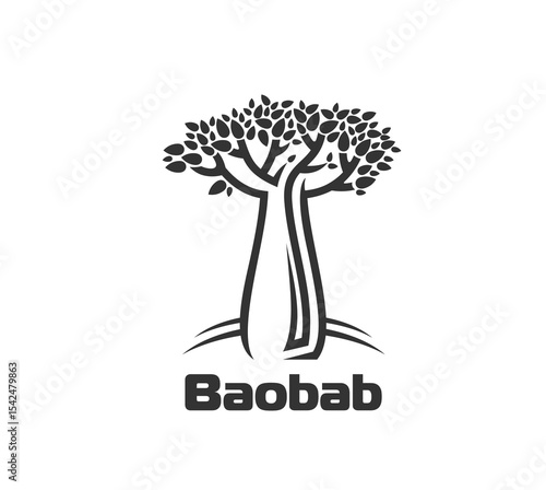 Baobab tree icon in thin line silhouette for African culture or exotic plants, vector symbol. Baobab tree emblem with trunk and leaves for eco nature, Africa safari travel and savannah garden design