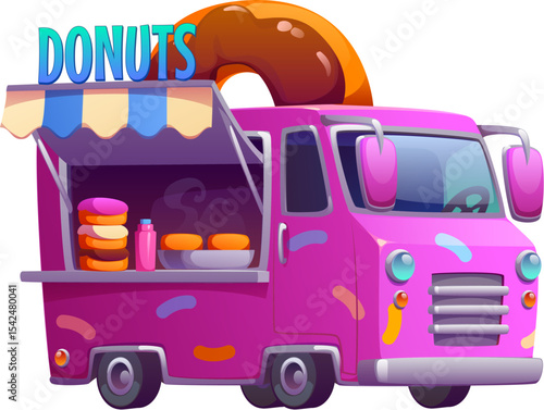 Food truck with donuts or cartoon vintage foodtruck of street food festival, vector car. Fast food truck kiosk or street food booth with donut dessert or sweet snacks for street market vendor van