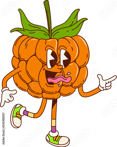 Cartoon groovy cloudberry fruit berry character with funny silly face, vector freaky emoji. Groovy cloudberry berry with tongue out teasing expression, trippy smile for retro cartoon fruit character