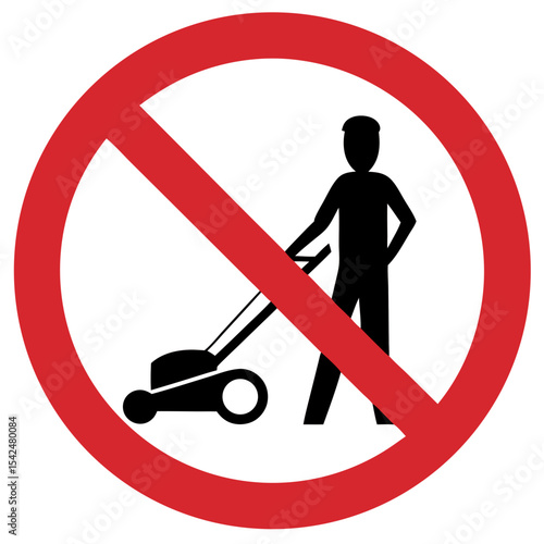 No lawn mowers allowed sign featuring silhouette of person standing with mower on white background