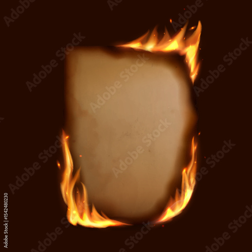 Old paper sheet with realistic burning fire flames effect. 3d vector burn parchment page with sparks and embers. Blank vertical conflagrant card template, antique letter, vintage scroll, flaming frame