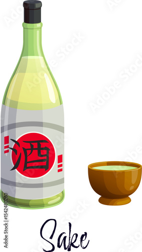 Japanese sake alcohol bottle and glass. Traditional japanese alcohol drink, Asian restaurant spirit beverage or cocktail ingredient. Sake sealed glass bottle and filled ceramic cup, ink calligraphy