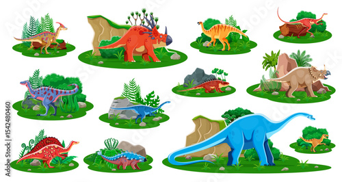 Prehistoric dinosaurs at lush landscape settings. Isolated cartoon vector set of vibrant dino reptile animal species, herbivore or carnivore creatures at wild nature with green vegetation and plants