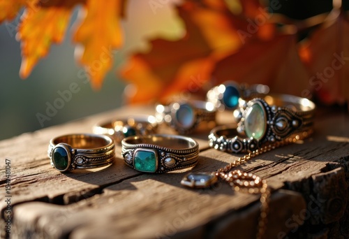 Wallpaper Mural Elegant jewelry rings and bracelets displayed outdoors on a rustic wooden surface Torontodigital.ca