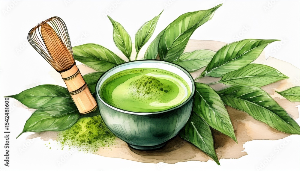 fresh matcha tea top view isolated watercolor illustration fresh matcha tea top view isolated watercolor illustration