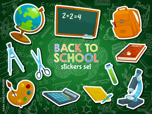 School education stationery stickers pack of student study supplies, vector set. Back to school stickers of school bag, microscope and geometry book, scissors and calculator stationery on chalkboard