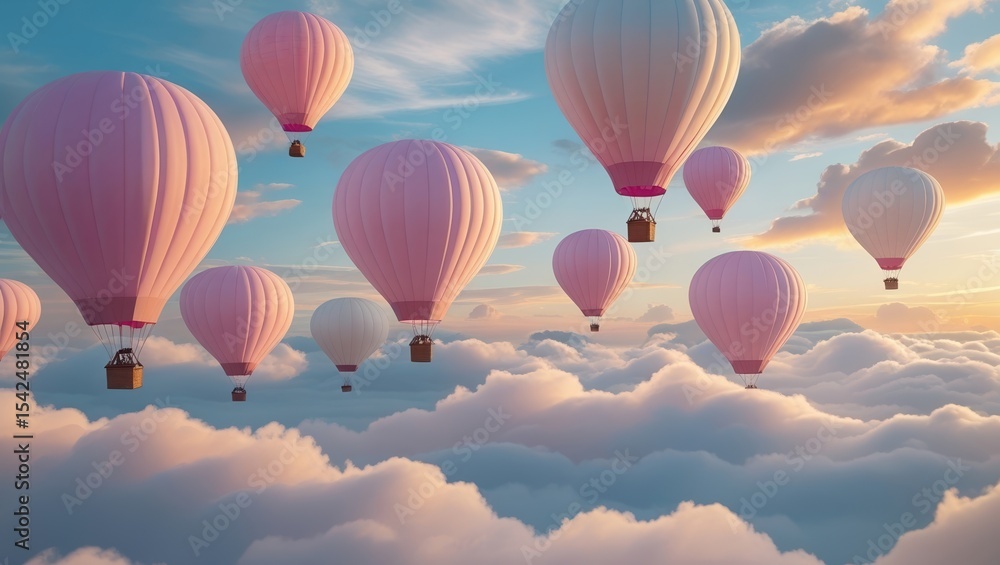 Fototapeta premium Pink hot air balloons floating above clouds during sunrise in a serene sky with soft pastel tones