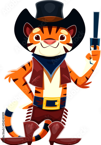 Cartoon tiger cowboy, Wild West animal sheriff or bandit robber character, vector personage. Funny tiger in Western cowboy hat with revolver gun and bandoleer for Texas ranger bandit animal character